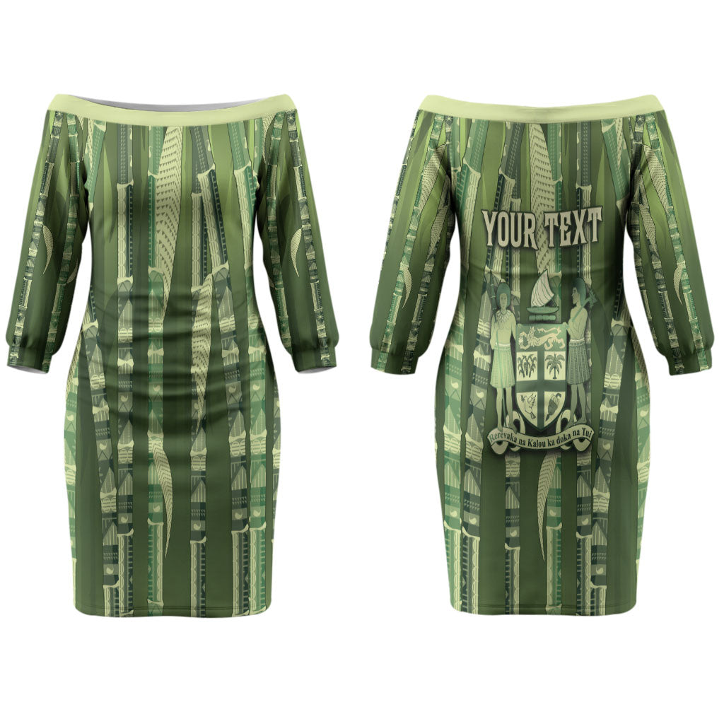 Personalised Fiji Language Week Sugarcane Masi Couples Matching Off The Shoulder Long Sleeve Dress and Long Sleeve Button Shirt Green Tapa Tribal Pattern DT05 - Polynesian Pride