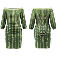 Personalised Fiji Language Week Sugarcane Masi Couples Matching Off The Shoulder Long Sleeve Dress and Long Sleeve Button Shirt Green Tapa Tribal Pattern DT05 - Polynesian Pride