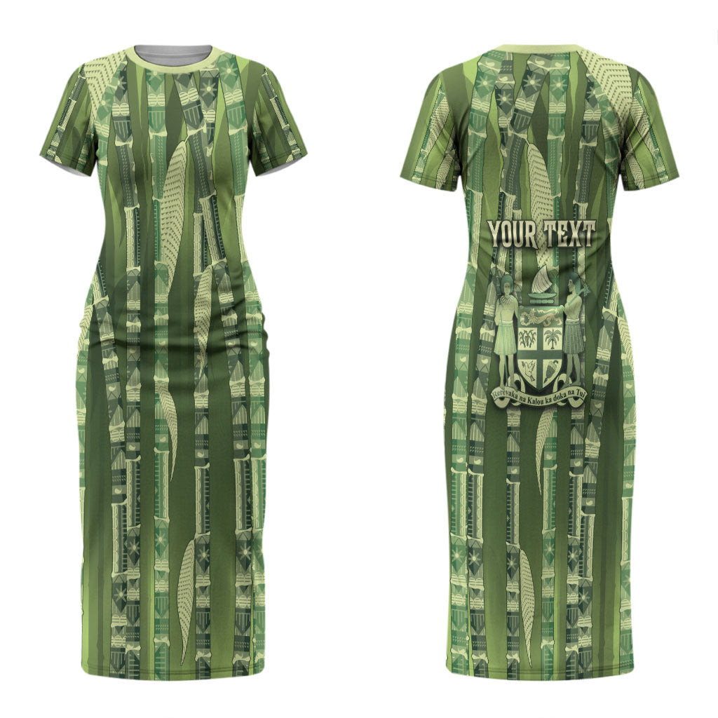 Personalised Fiji Language Week Sugarcane Masi Couples Matching Short Sleeve Bodycon Dress and Long Sleeve Button Shirt Green Tapa Tribal Pattern DT05 - Polynesian Pride