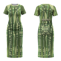 Personalised Fiji Language Week Sugarcane Masi Couples Matching Short Sleeve Bodycon Dress and Long Sleeve Button Shirt Green Tapa Tribal Pattern DT05 - Polynesian Pride