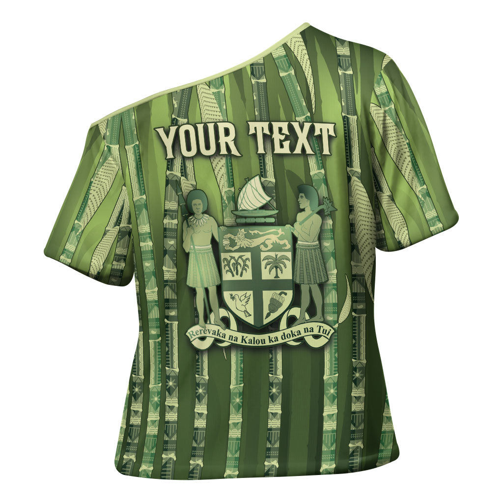 Personalised Fiji Language Week Sugarcane Masi Cross Shoulder Shirt Green Tapa Tribal Pattern DT05 - Polynesian Pride