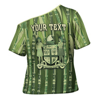 Personalised Fiji Language Week Sugarcane Masi Cross Shoulder Shirt Green Tapa Tribal Pattern DT05 - Polynesian Pride