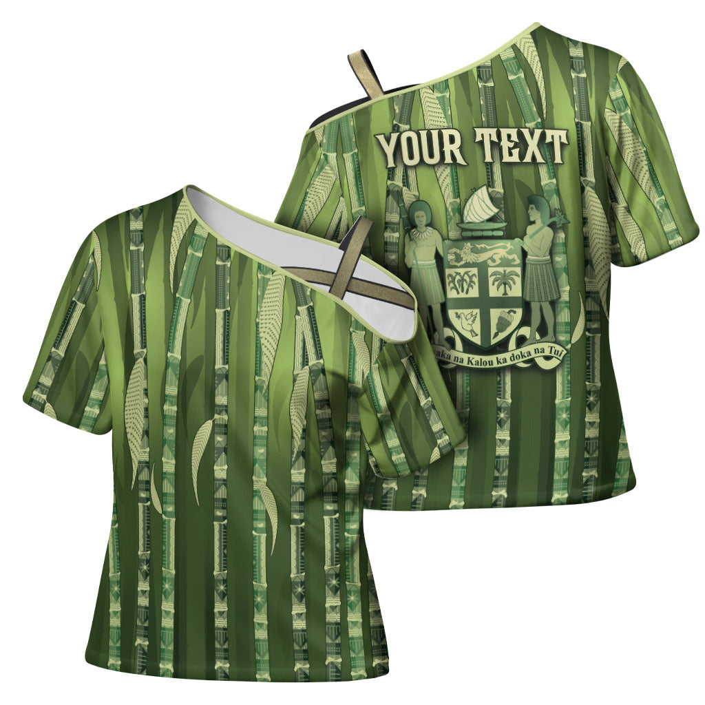 Personalised Fiji Language Week Sugarcane Masi Cross Shoulder Shirt Green Tapa Tribal Pattern DT05 - Polynesian Pride