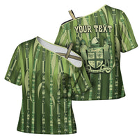 Personalised Fiji Language Week Sugarcane Masi Cross Shoulder Shirt Green Tapa Tribal Pattern DT05 - Polynesian Pride