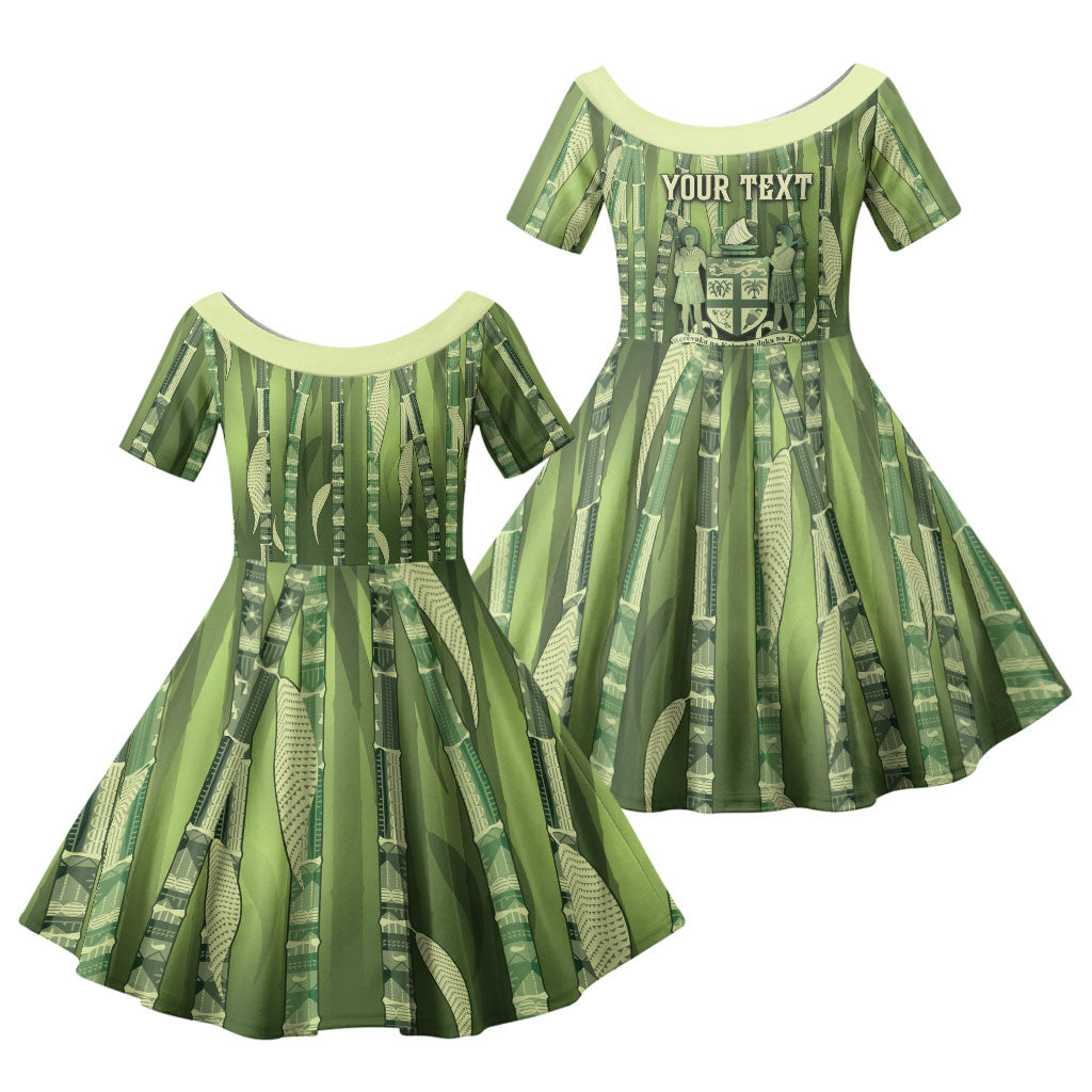 Personalised Fiji Language Week Sugarcane Masi Family Matching Off Shoulder Maxi Dress and Hawaiian Shirt Green Tapa Tribal Pattern DT05 Daughter's Dress Green - Polynesian Pride