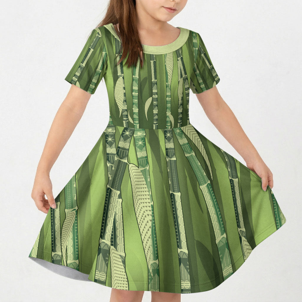 Personalised Fiji Language Week Sugarcane Masi Kid Short Sleeve Dress Green Tapa Tribal Pattern DT05 KID Green - Polynesian Pride