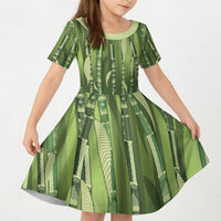 Personalised Fiji Language Week Sugarcane Masi Kid Short Sleeve Dress Green Tapa Tribal Pattern DT05 KID Green - Polynesian Pride