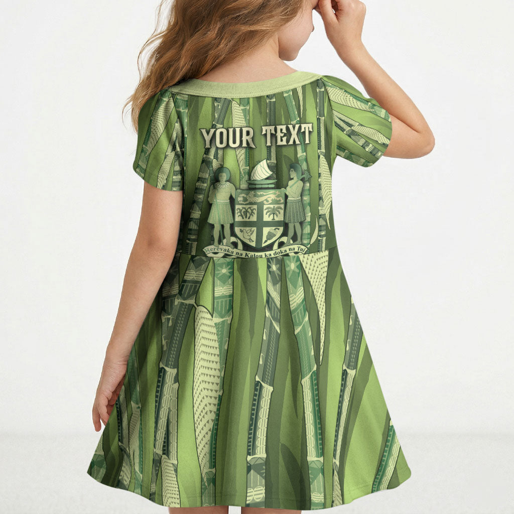 Personalised Fiji Language Week Sugarcane Masi Kid Short Sleeve Dress Green Tapa Tribal Pattern DT05 - Polynesian Pride
