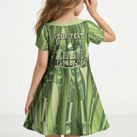 Personalised Fiji Language Week Sugarcane Masi Kid Short Sleeve Dress Green Tapa Tribal Pattern DT05 - Polynesian Pride