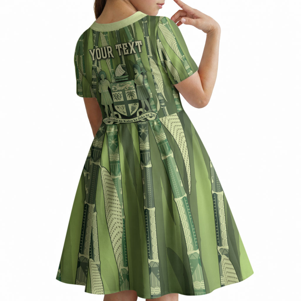 Personalised Fiji Language Week Sugarcane Masi Kid Short Sleeve Dress Green Tapa Tribal Pattern DT05 - Polynesian Pride