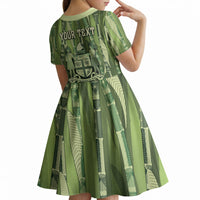 Personalised Fiji Language Week Sugarcane Masi Kid Short Sleeve Dress Green Tapa Tribal Pattern DT05 - Polynesian Pride