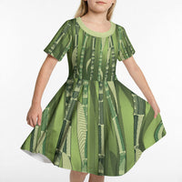 Personalised Fiji Language Week Sugarcane Masi Kid Short Sleeve Dress Green Tapa Tribal Pattern DT05 - Polynesian Pride