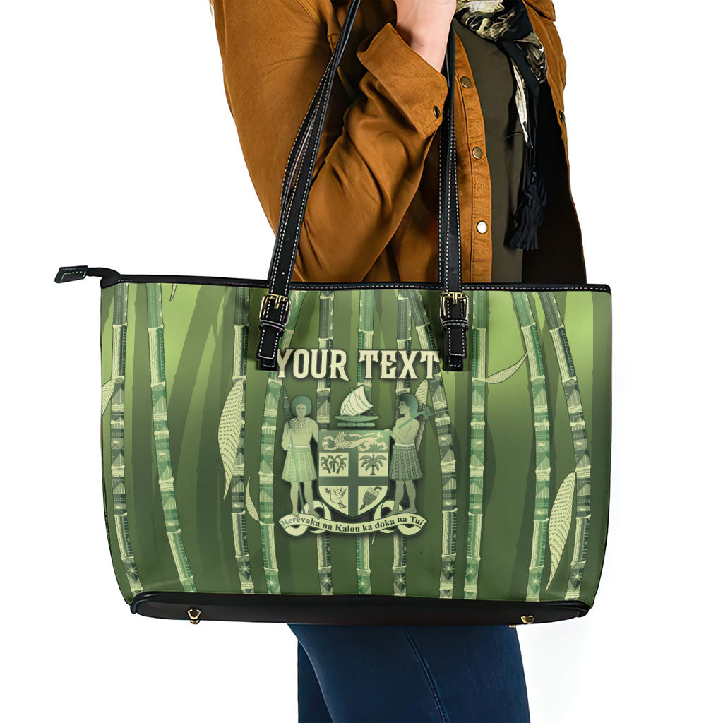 Personalised Fiji Language Week Sugarcane Masi Leather Tote Bag Green Tapa Tribal Pattern DT05 - Polynesian Pride