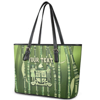 Personalised Fiji Language Week Sugarcane Masi Leather Tote Bag Green Tapa Tribal Pattern DT05 - Polynesian Pride