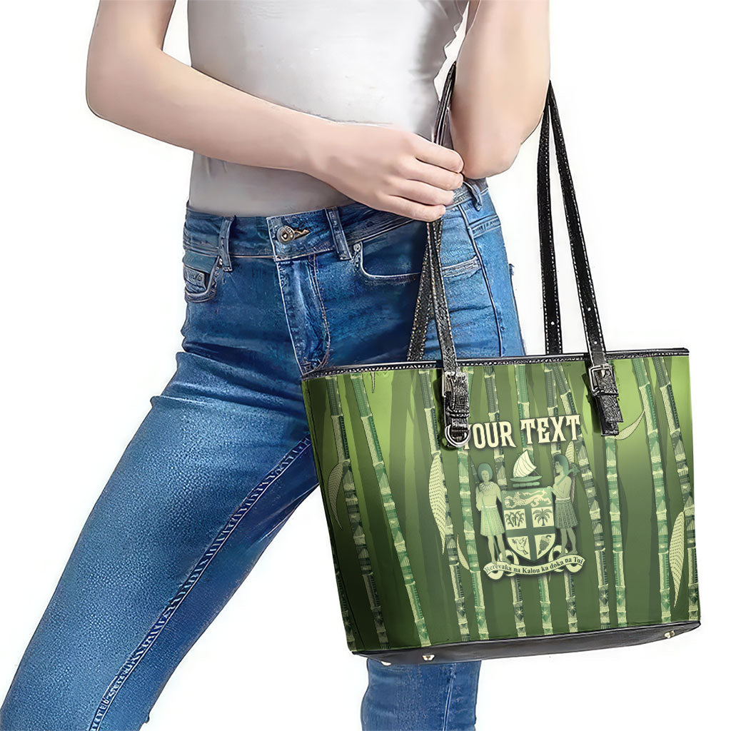 Personalised Fiji Language Week Sugarcane Masi Leather Tote Bag Green Tapa Tribal Pattern DT05 - Polynesian Pride