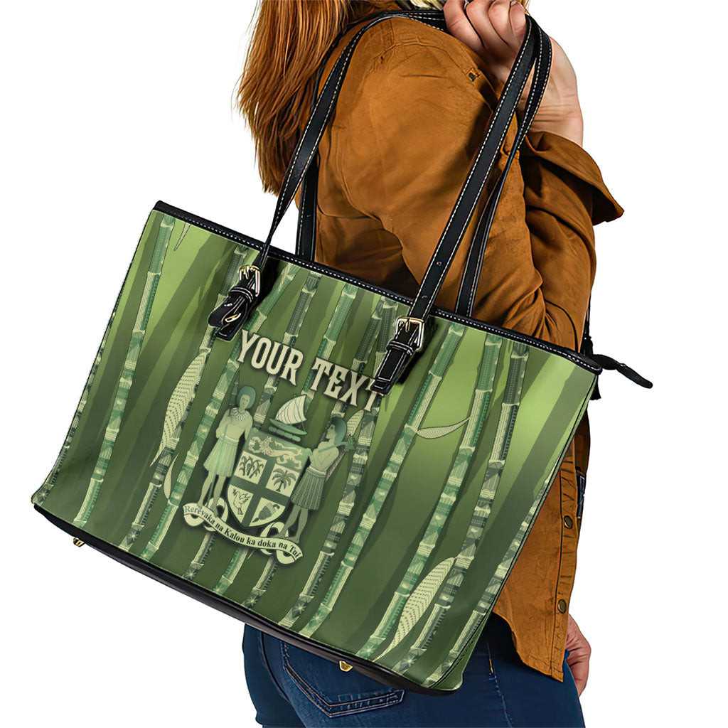 Personalised Fiji Language Week Sugarcane Masi Leather Tote Bag Green Tapa Tribal Pattern DT05 - Polynesian Pride