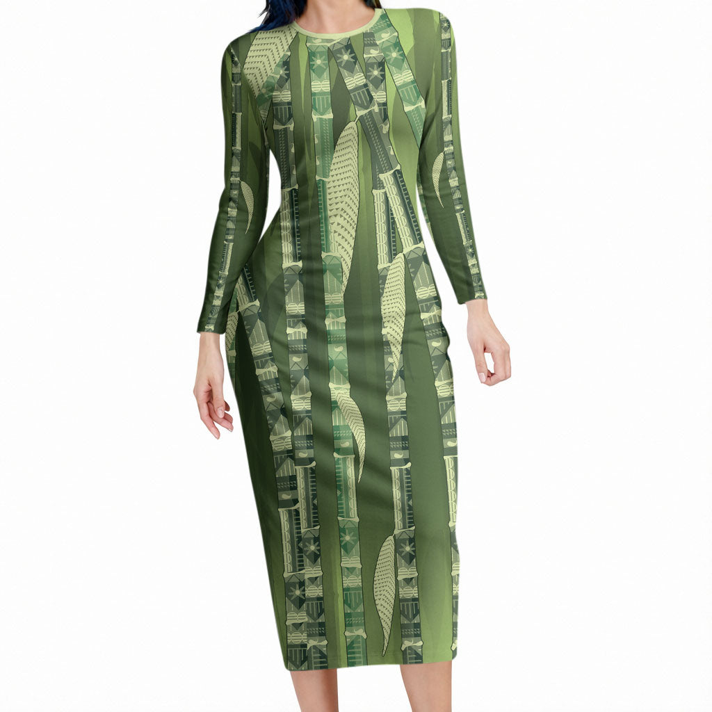 Personalised Fiji Language Week Sugarcane Masi Long Sleeve Bodycon Dress Green Tapa Tribal Pattern DT05 Long Dress Green - Polynesian Pride