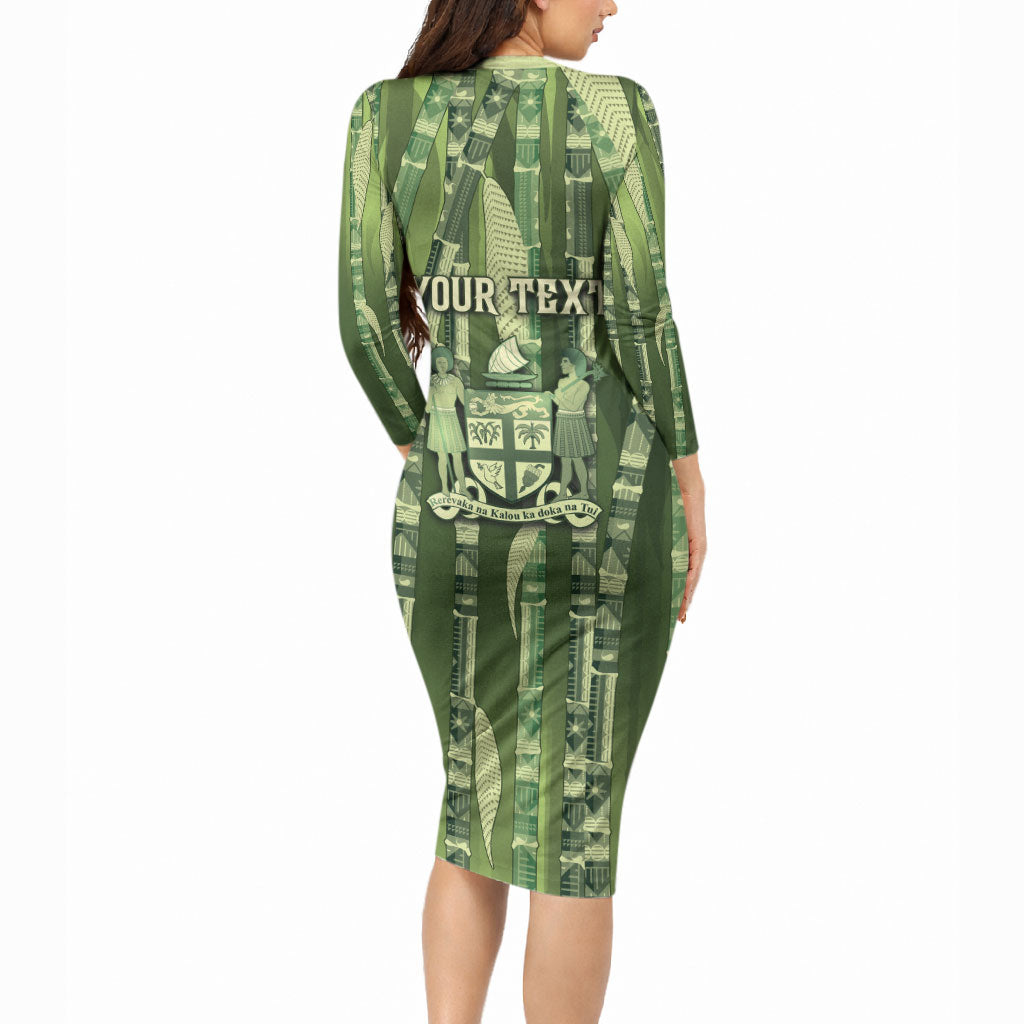 Personalised Fiji Language Week Sugarcane Masi Long Sleeve Bodycon Dress Green Tapa Tribal Pattern DT05 - Polynesian Pride