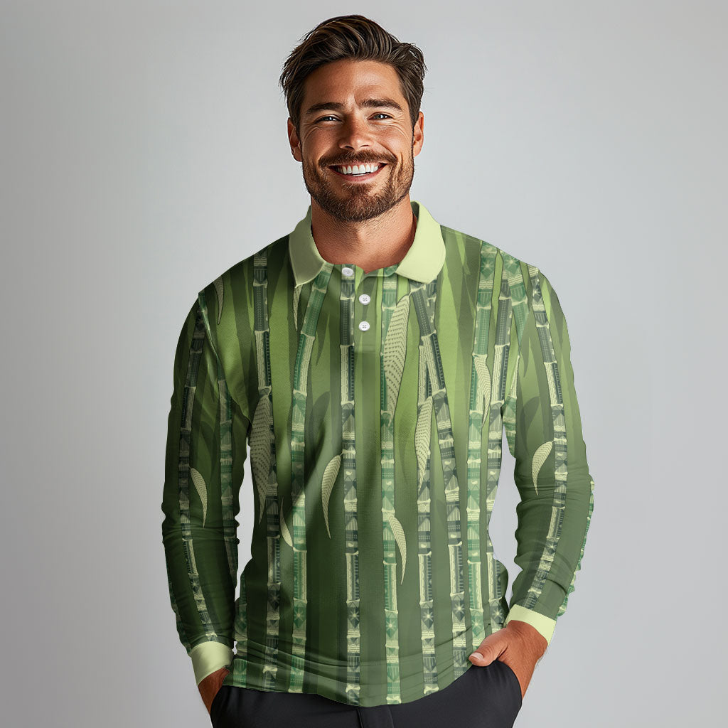 Personalised Fiji Language Week Sugarcane Masi Long Sleeve Polo Shirt Green Tapa Tribal Pattern DT05 - Polynesian Pride