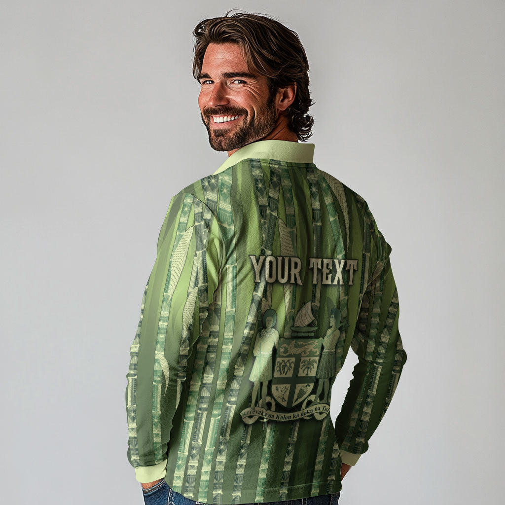 Personalised Fiji Language Week Sugarcane Masi Long Sleeve Polo Shirt Green Tapa Tribal Pattern DT05 - Polynesian Pride