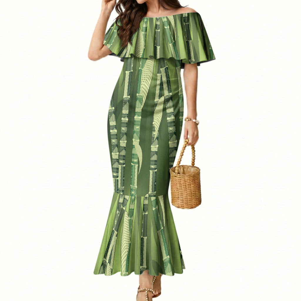 Personalised Fiji Language Week Sugarcane Masi Mermaid Dress Green Tapa Tribal Pattern DT05 Women Green - Polynesian Pride