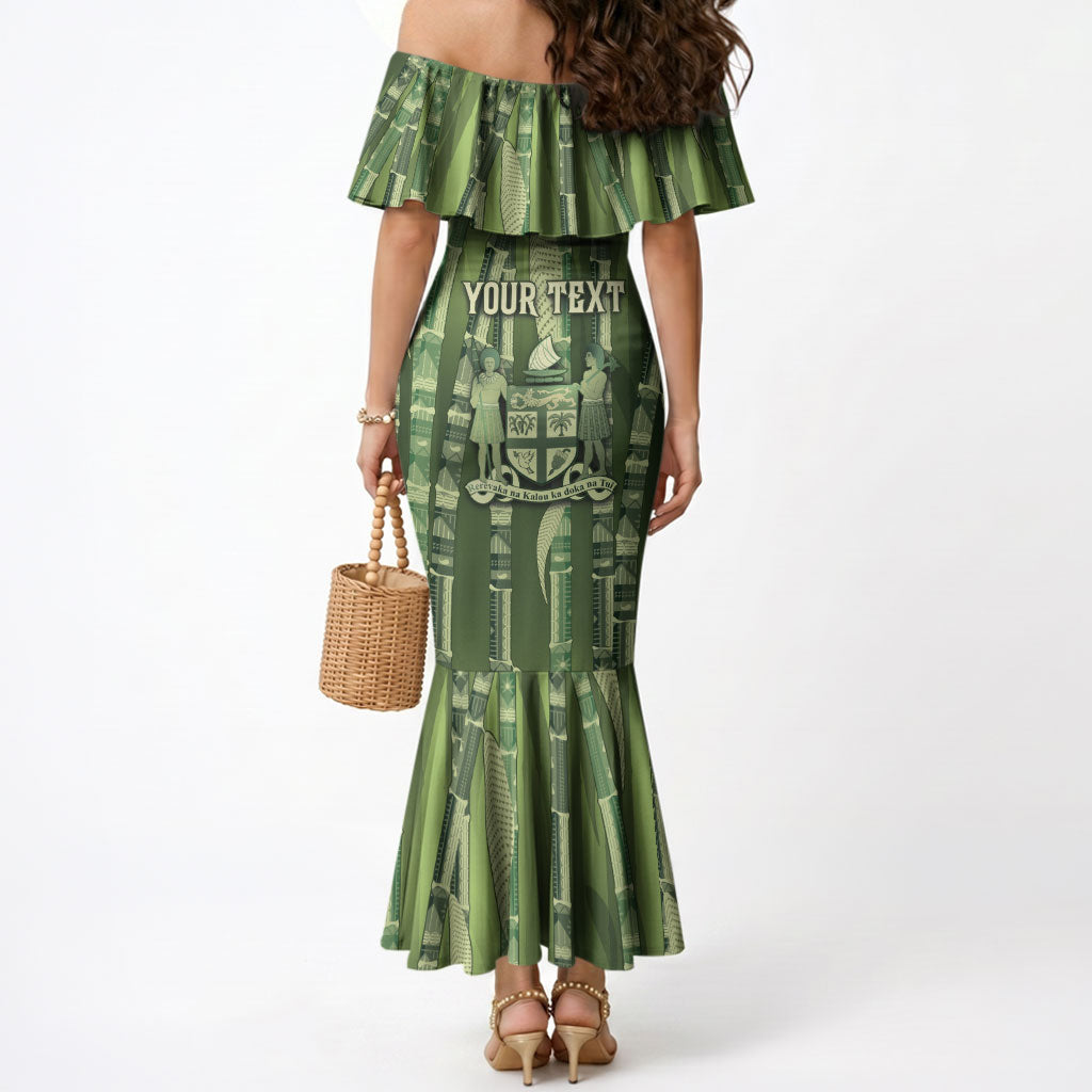 Personalised Fiji Language Week Sugarcane Masi Mermaid Dress Green Tapa Tribal Pattern DT05 - Polynesian Pride