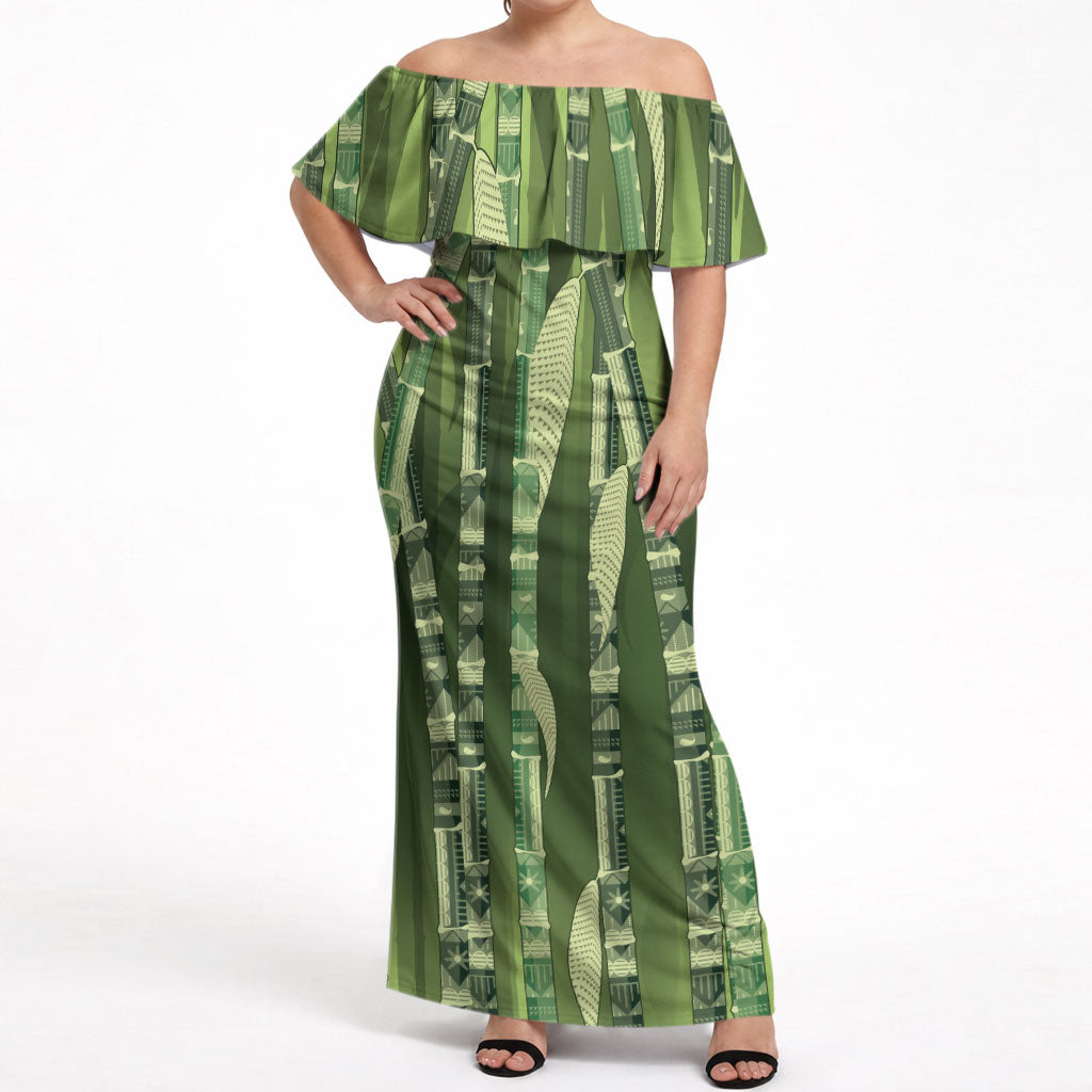 Personalised Fiji Language Week Sugarcane Masi Off Shoulder Maxi Dress Green Tapa Tribal Pattern DT05 Women Green - Polynesian Pride
