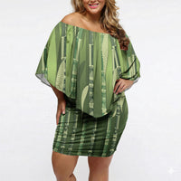 Personalised Fiji Language Week Sugarcane Masi Off Shoulder Short Dress Green Tapa Tribal Pattern DT05 Women Green - Polynesian Pride