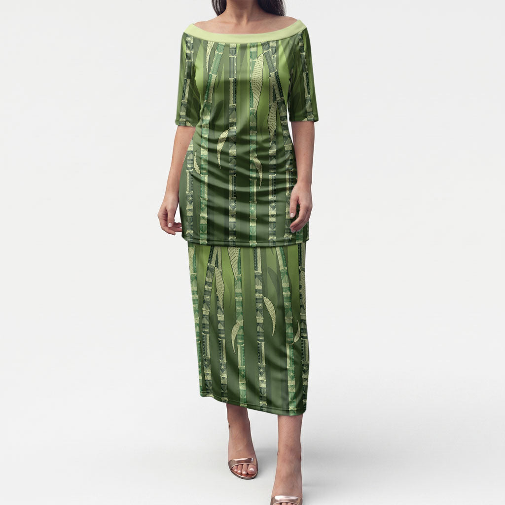 Personalised Fiji Language Week Sugarcane Masi Puletasi Green Tapa Tribal Pattern DT05 Long Dress Green - Polynesian Pride