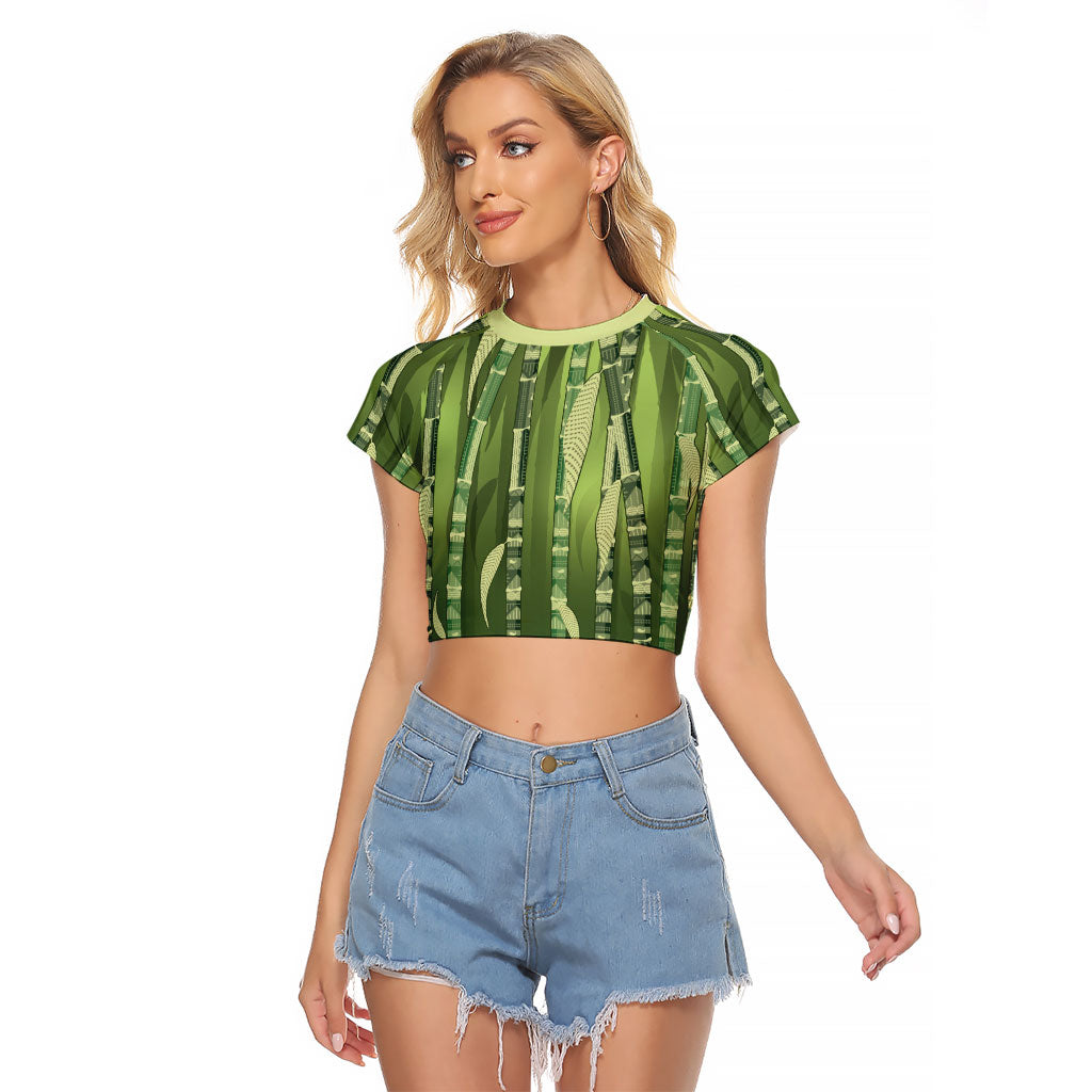 Personalised Fiji Language Week Sugarcane Masi Raglan Cropped T Shirt Green Tapa Tribal Pattern DT05 Female Green - Polynesian Pride