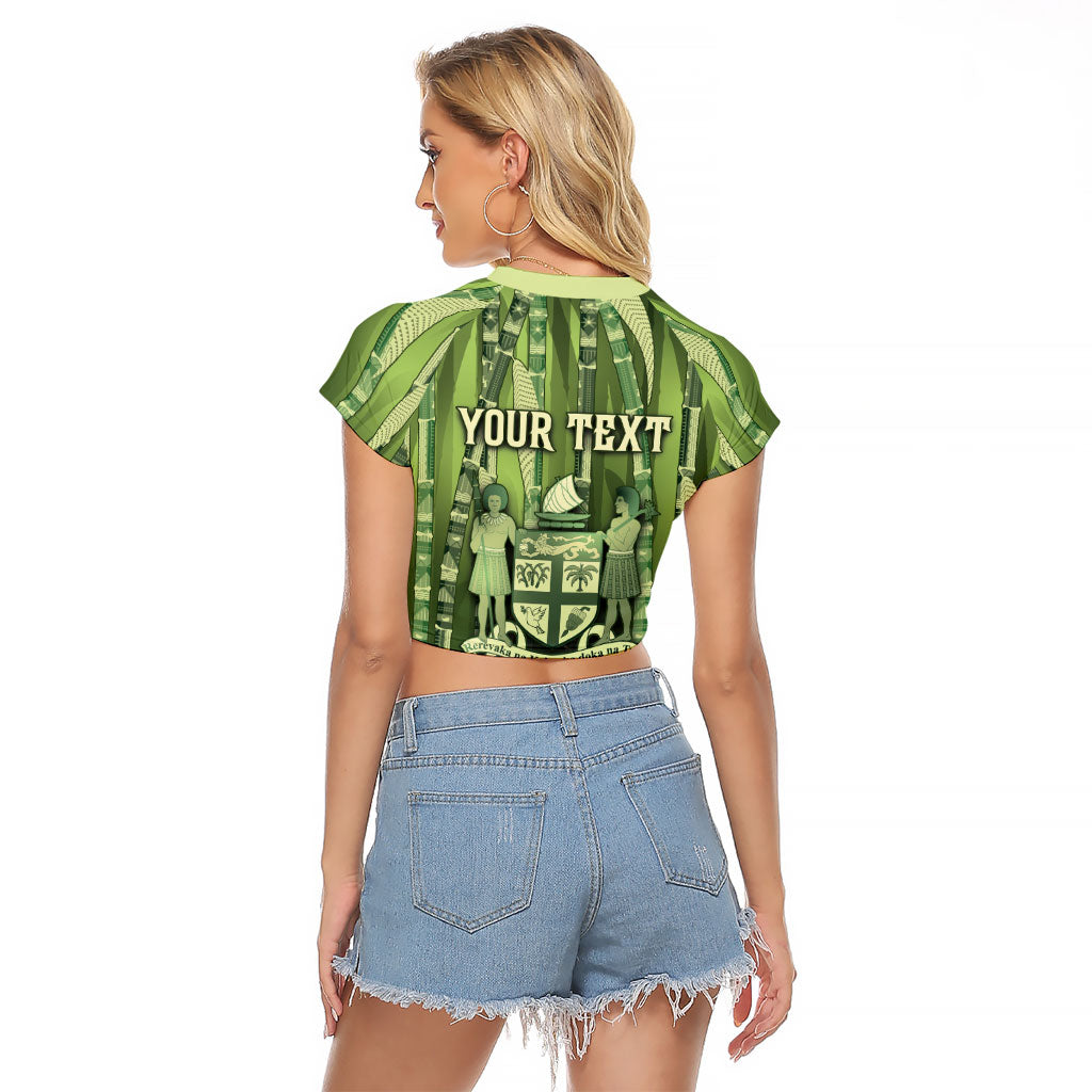 Personalised Fiji Language Week Sugarcane Masi Raglan Cropped T Shirt Green Tapa Tribal Pattern DT05 - Polynesian Pride