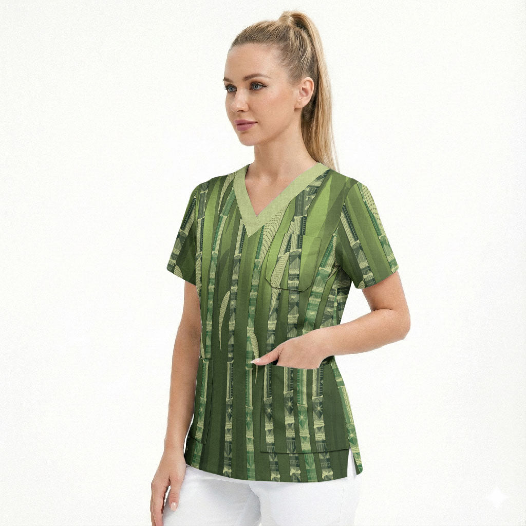 Personalised Fiji Language Week Sugarcane Masi Scrub Top Green Tapa Tribal Pattern DT05 - Polynesian Pride