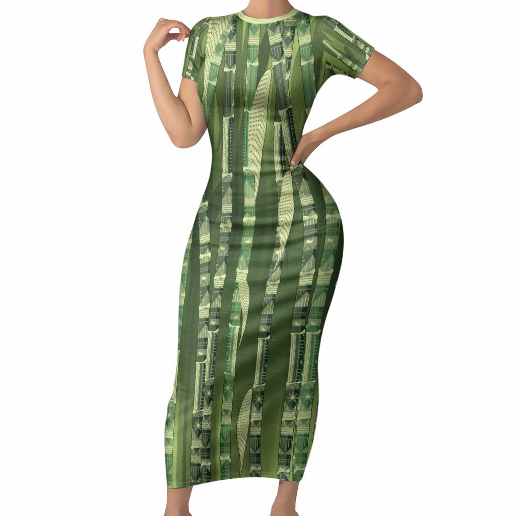 Personalised Fiji Language Week Sugarcane Masi Short Sleeve Bodycon Dress Green Tapa Tribal Pattern DT05 Long Dress Green - Polynesian Pride