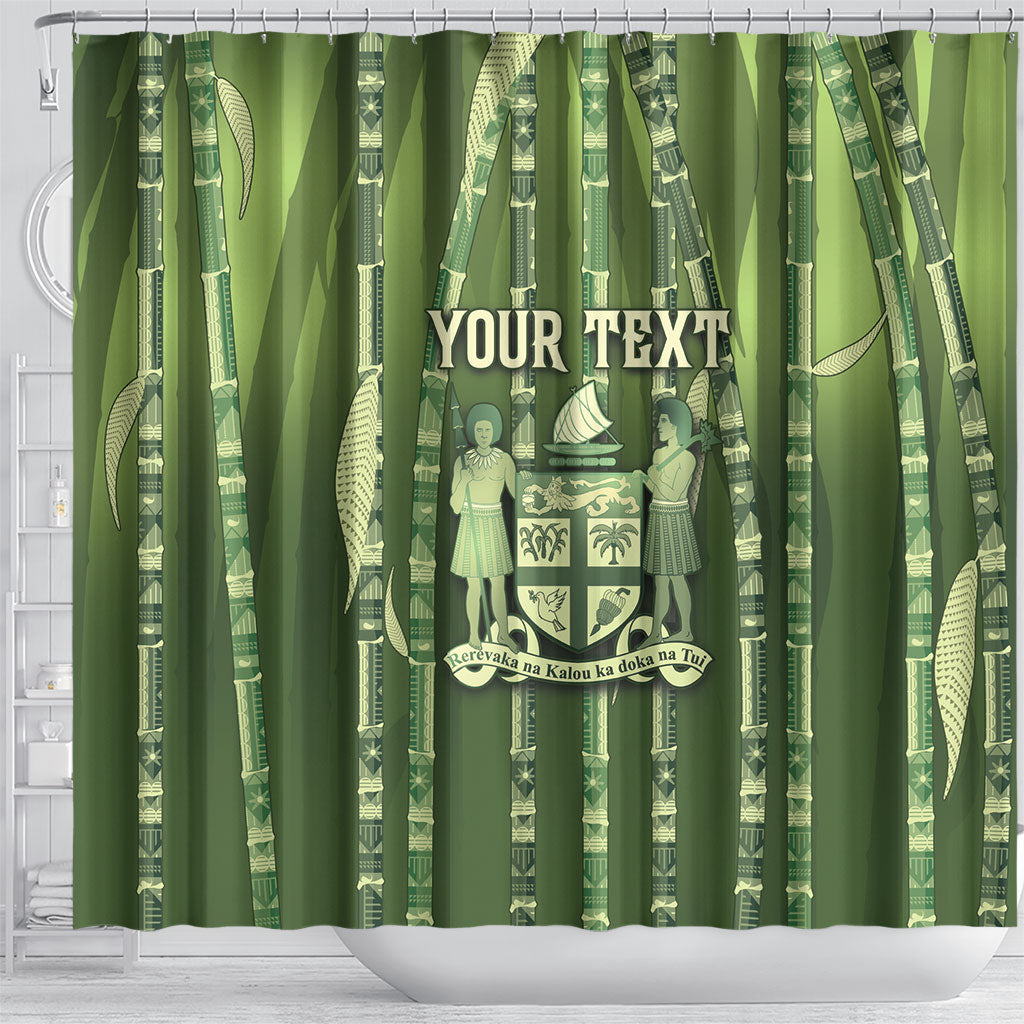 Personalised Fiji Language Week Sugarcane Masi Shower Curtain Green Tapa Tribal Pattern DT05 - Polynesian Pride
