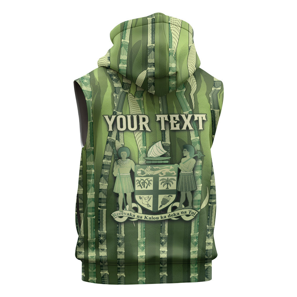 Personalised Fiji Language Week Sugarcane Masi Sleeveless Hoodie Green Tapa Tribal Pattern DT05 - Polynesian Pride