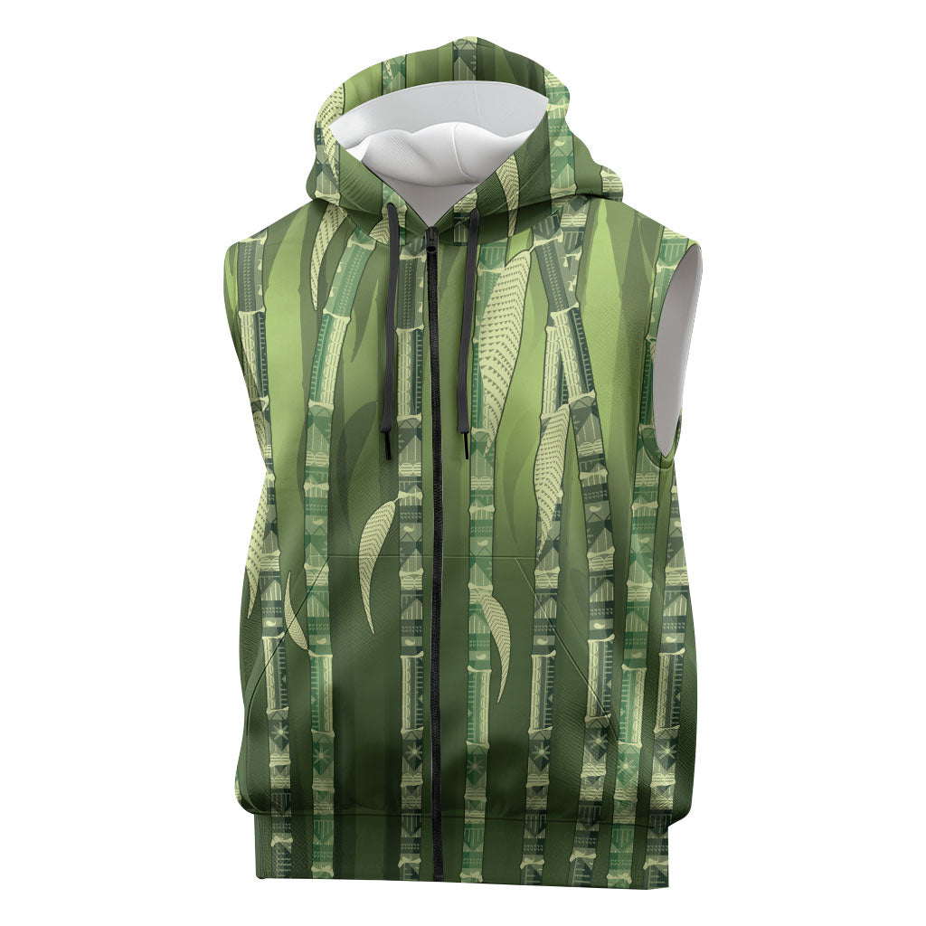 Personalised Fiji Language Week Sugarcane Masi Sleeveless Zip Hoodie Green Tapa Tribal Pattern DT05 Green - Polynesian Pride