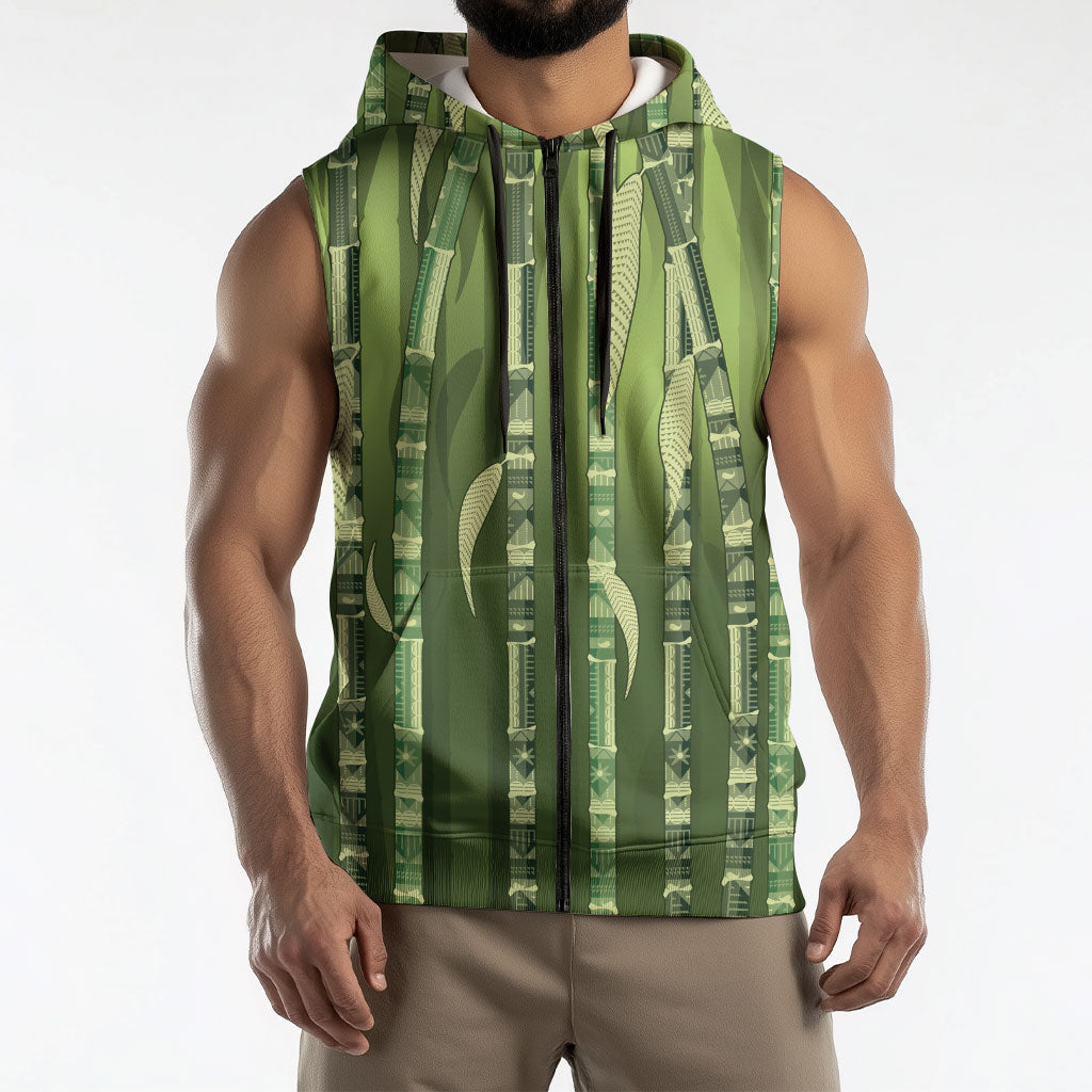 Personalised Fiji Language Week Sugarcane Masi Sleeveless Zip Hoodie Green Tapa Tribal Pattern DT05 - Polynesian Pride