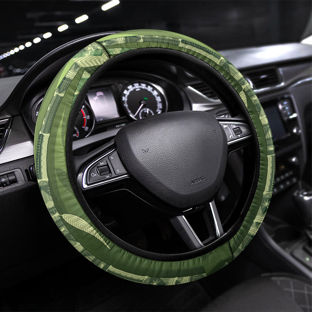 Fiji Language Week Sugarcane Masi Steering Wheel Cover Green Tapa Tribal Pattern DT05 Universal Fit Green - Polynesian Pride