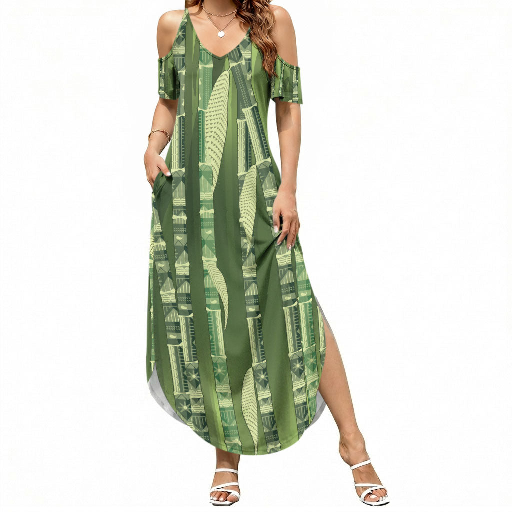 Personalised Fiji Language Week Sugarcane Masi Summer Maxi Dress Green Tapa Tribal Pattern DT05 Women Green - Polynesian Pride