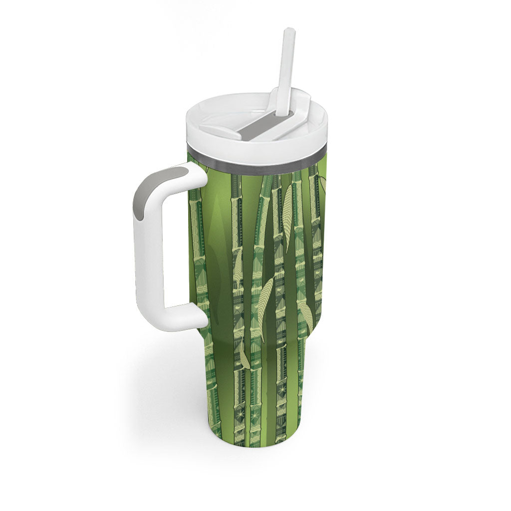 Personalised Fiji Language Week Sugarcane Masi Tumbler With Handle Green Tapa Tribal Pattern DT05 - Polynesian Pride