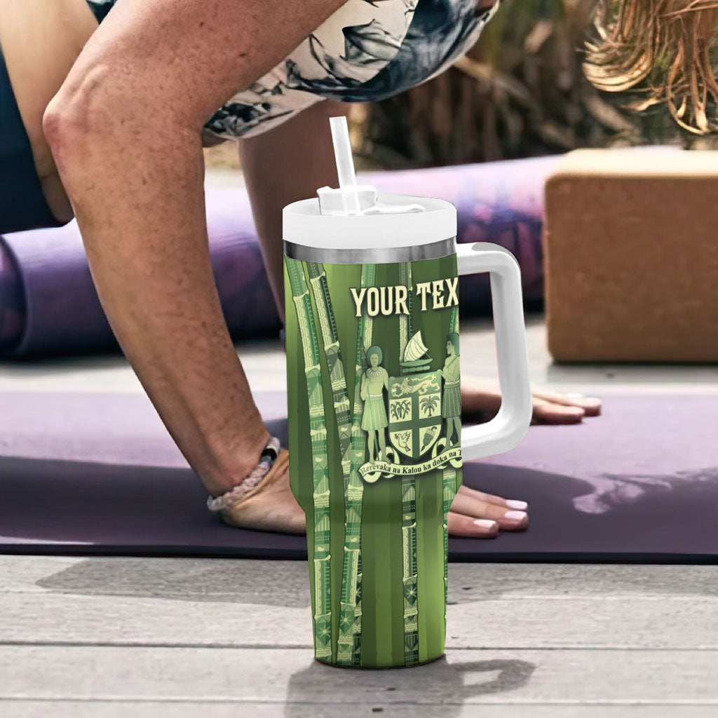 Personalised Fiji Language Week Sugarcane Masi Tumbler With Handle Green Tapa Tribal Pattern DT05 - Polynesian Pride