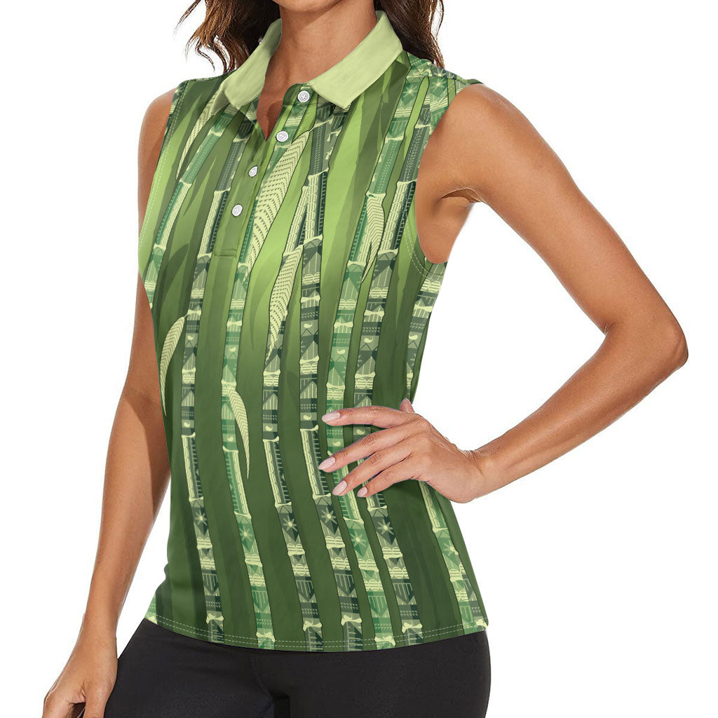 Personalised Fiji Language Week Sugarcane Masi Women Sleeveless Polo Shirt Green Tapa Tribal Pattern DT05 - Polynesian Pride