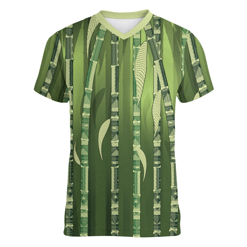 Personalised Fiji Language Week Sugarcane Masi Women V-Neck T-Shirt Green Tapa Tribal Pattern DT05 Female Green - Polynesian Pride