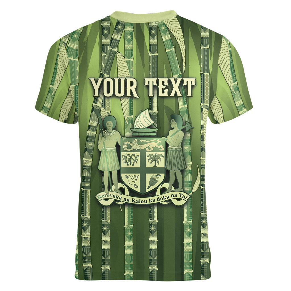 Personalised Fiji Language Week Sugarcane Masi Women V-Neck T-Shirt Green Tapa Tribal Pattern DT05 - Polynesian Pride
