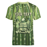 Personalised Fiji Language Week Sugarcane Masi Women V-Neck T-Shirt Green Tapa Tribal Pattern DT05 - Polynesian Pride