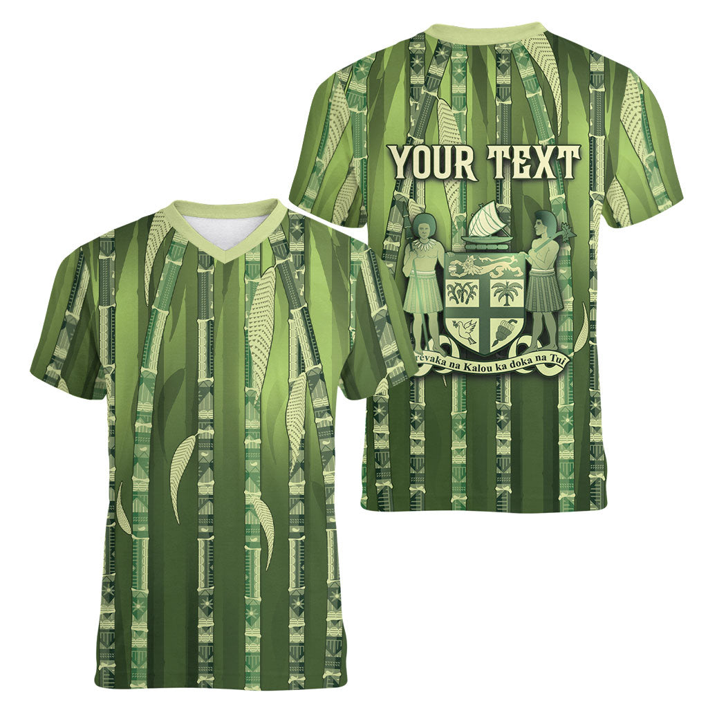 Personalised Fiji Language Week Sugarcane Masi Women V-Neck T-Shirt Green Tapa Tribal Pattern DT05 - Polynesian Pride