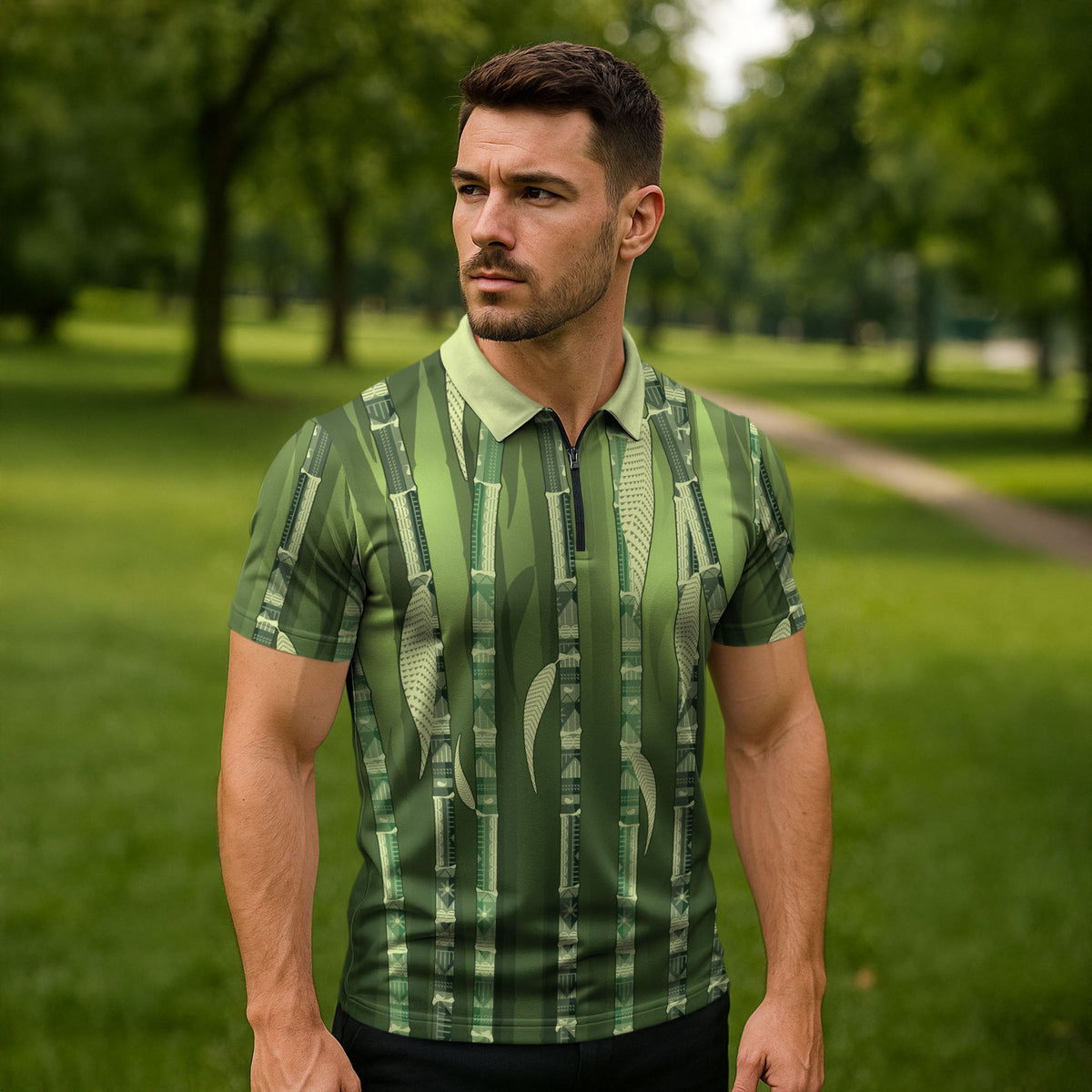 Personalised Fiji Language Week Sugarcane Masi Zipper Polo Shirt Green Tapa Tribal Pattern DT05 - Polynesian Pride