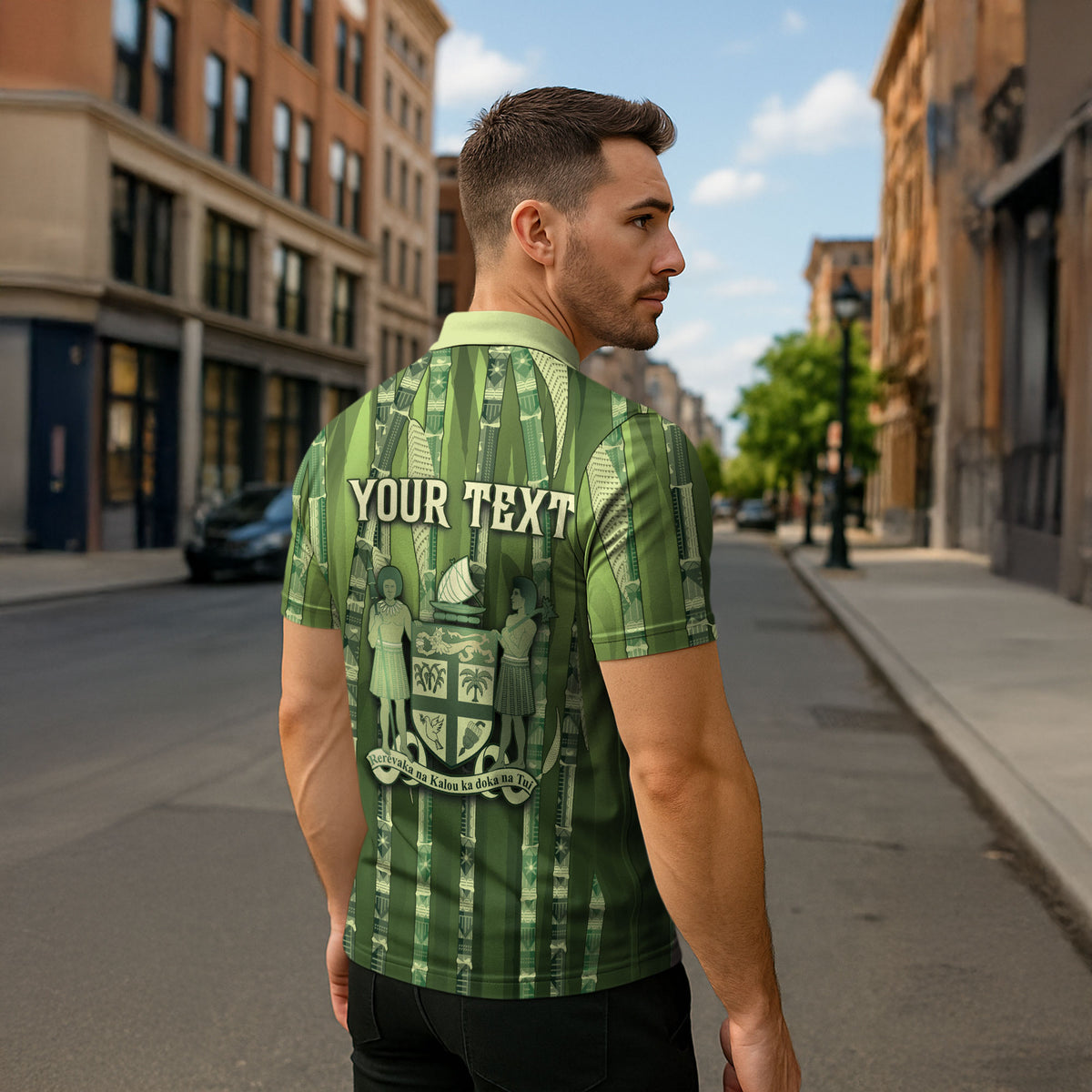 Personalised Fiji Language Week Sugarcane Masi Zipper Polo Shirt Green Tapa Tribal Pattern DT05 - Polynesian Pride