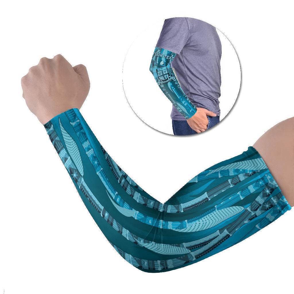 Personalised Fiji Language Week Sugarcane Masi Arm Sleeves Blue Tapa Tribal Pattern DT05 Set of 2 Blue - Polynesian Pride