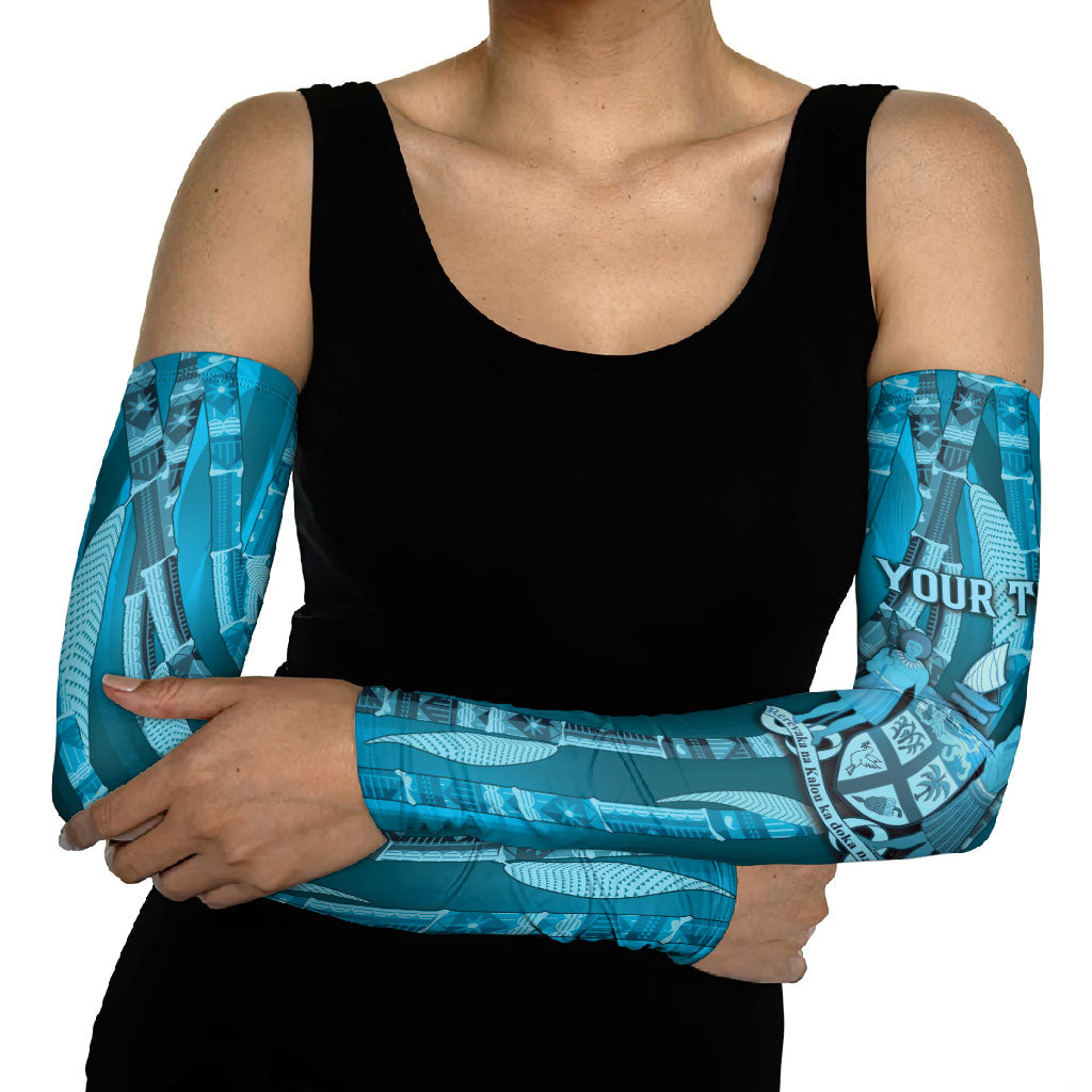 Personalised Fiji Language Week Sugarcane Masi Arm Sleeves Blue Tapa Tribal Pattern DT05 - Polynesian Pride